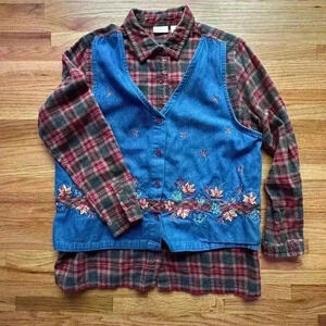 Vintage Plaid Button Shirt Attached Denim Vest  90s Button Up Flannel l SZ MED